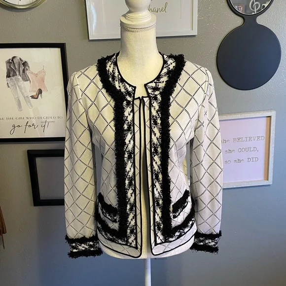 Ming Wang Black and White Diamond Patterned Fringe Jacket S - Picture 2 of 10